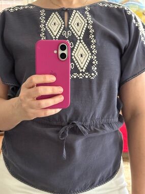 Yoana Baraschi Navy Embroidered Boho Drawstring Blouse